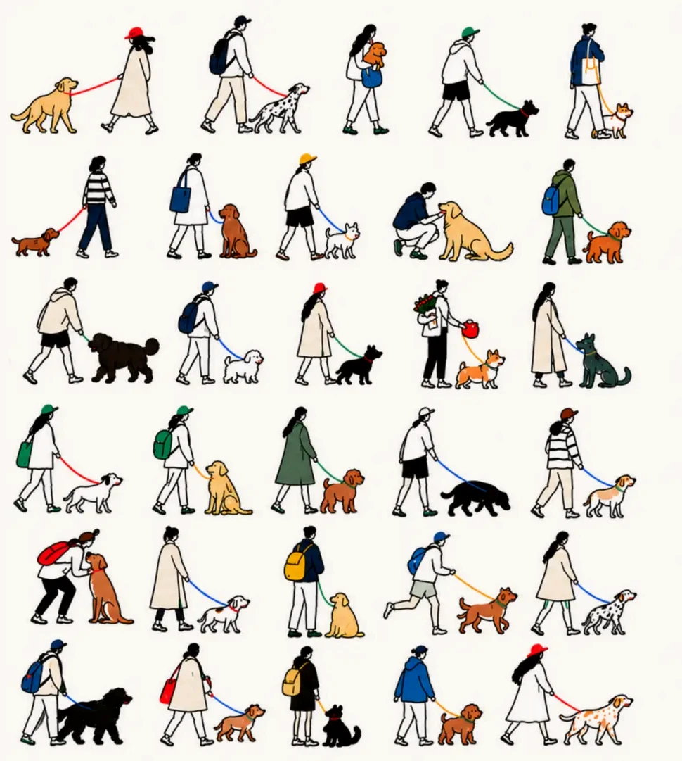 Illustrazione di persone che passeggiano con i loro cani
